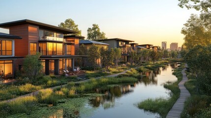 Obraz premium Luxury Waterfront Homes at Sunset: Modern Architectural Design in Tranquil Lakeside Community
