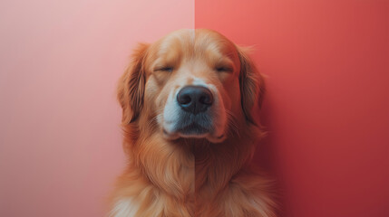 Fototapeta premium Golden retriever with symmetrical face against pink and red background