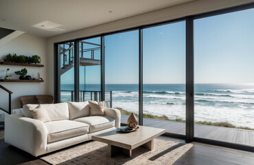 Fototapeta premium Modern Luxurious Beachfront Living Room with Floor-to-Ceiling Windows, White Furniture, and Dark Hardwood Flooring Overlooking a Stunning Ocean View