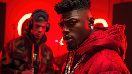 Dynamic rap performance urban studio music video vibrant atmosphere close-up creativity unleashed