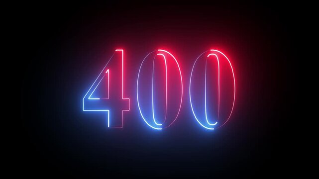 Abstract Glowing neon number 400. Educational mathematics 400 animation on black background. 4k motion graphics animation.