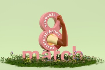 Accelerate action gesture for International Women's day. Green poster with IWD 2025 campaign slogan on pink number 8 with raised female fist. Empowerment and gender equality concept. 3D illustration.