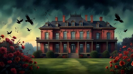 Fototapeta premium Crimson Manor Under a Stormy Sky