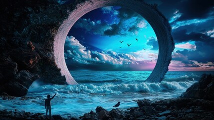 Fototapeta premium Surreal scene of a man gazing through a cosmic portal coastal area digital art dreamy environment wide angle view exploration