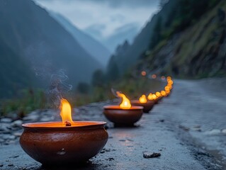 Candles illuminate mountain road at dusk; spiritual journey