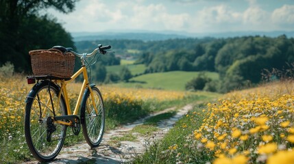 Fototapeta premium A Sunny Day Bicycle Ride through a Flower Field
