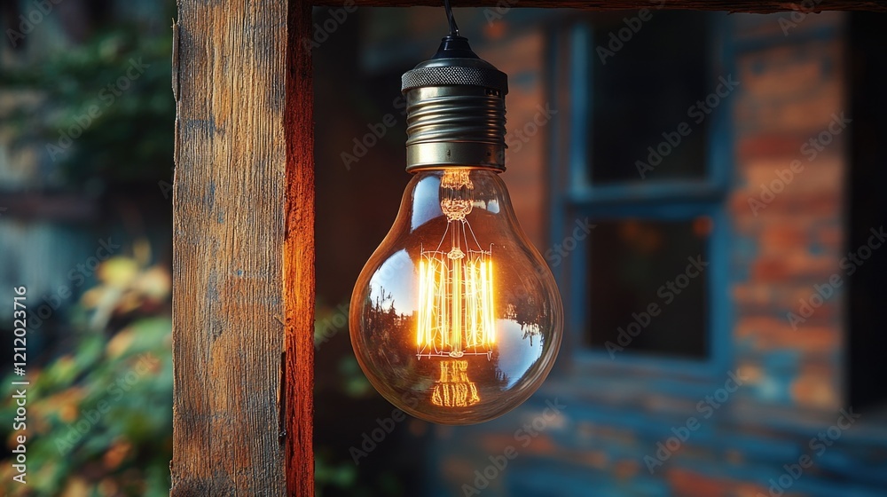 Poster a light bulb hangs from a wooden post, simple and rustic lighting solution
