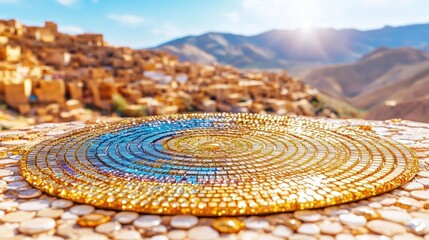 Golden mosaic disc, mountain village backdrop, product display