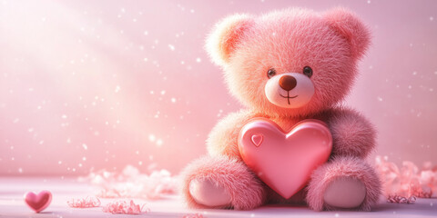Fototapeta premium Pink Teddy Bear with Heart and Gift Box for Valentine’s Day