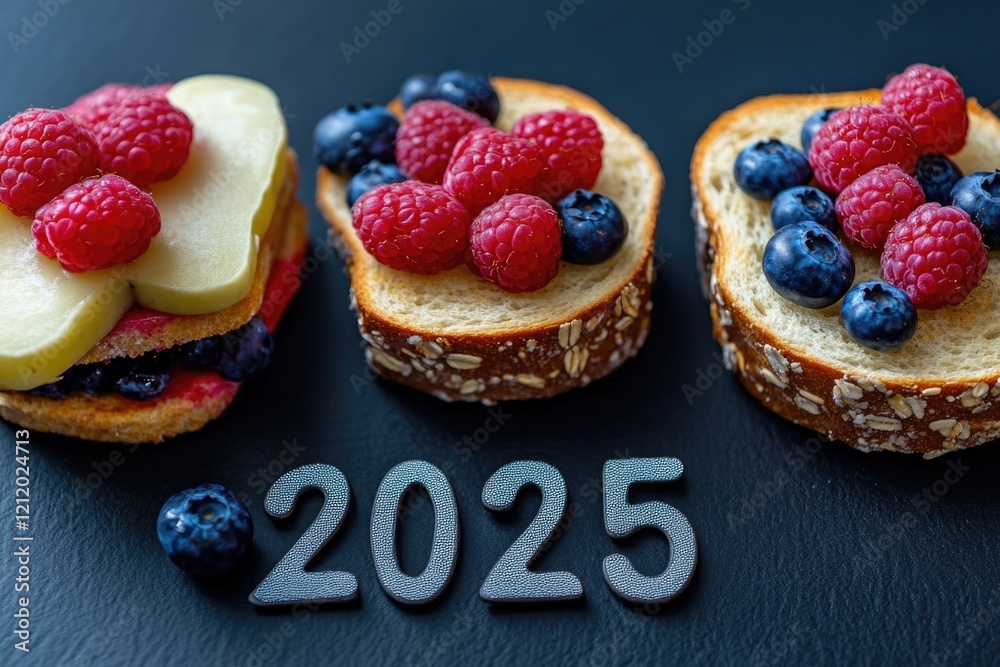 Poster three slices of bread topped with various fruits