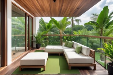 Fototapeta premium Tropical Balcony Design With Wooden False Ceiling And Green Grass Mat