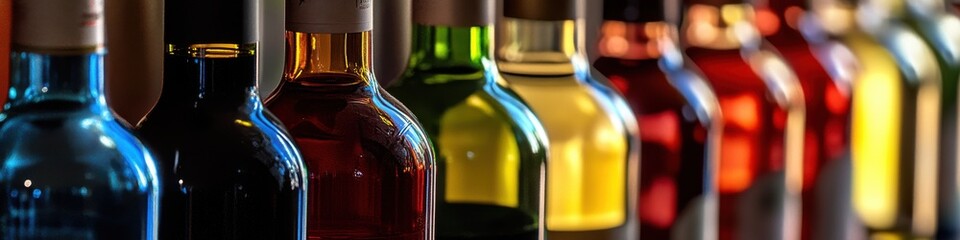 A close-up of wine bottles lined up in rows, s