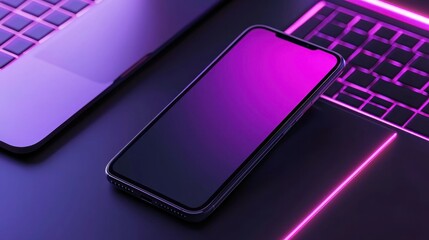 Mobile device interaction modern workspace digital art tech environment close-up view futuristic concept