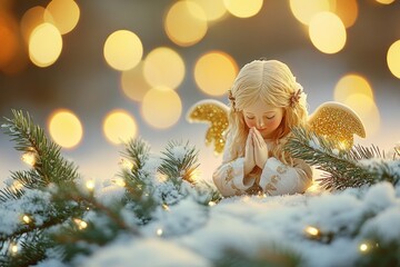 Obraz premium A small angel perched on a snow-covered tree branch, surrounded by winter scenery