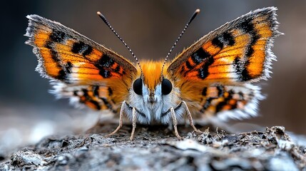 Obraz premium Orange butterfly perched on wood, nature close-up
