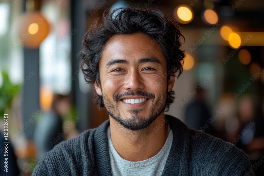 Poster a person with a beard smiles directly into the camera lens
