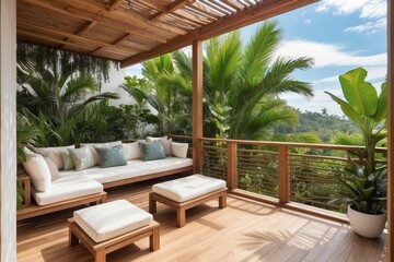 Fototapeta premium Tropical Balcony Design With Wooden Pergola