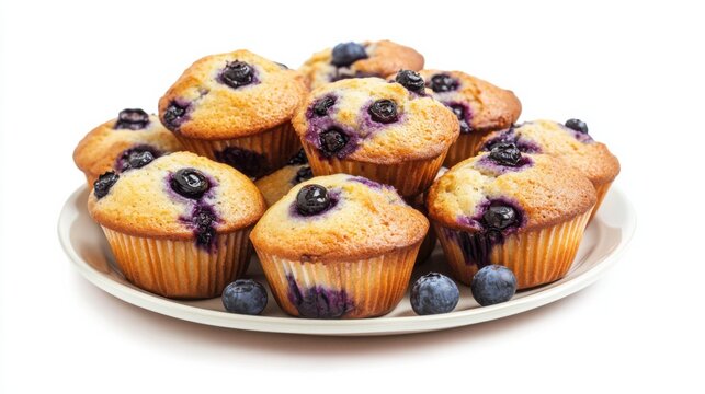 A plate of freshly baked blueberry muffins with bursting berries, Their golden-brown tops and moist interior invitingly showcased