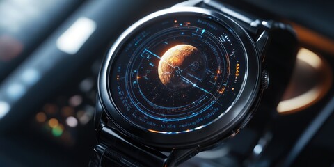 Futuristic watch displaying planet; dark background, technology