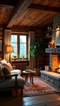 Cozy Bergh?tte interior with wooden furniture and fireplace, alpine, chalet, holiday