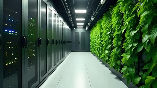 Modern data center powered by sustainable energy sources, surrounded by green plants and eco-friendly features