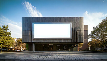 Obraz premium Modern building with a large blank billboard. Perfect for advertising, real estate, or architectural presentations. Clean design, bright sunlight, and a spacious plaza create a striking image.