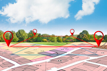LAND PLOT MANAGEMENT - BUILDING PERMIT CONCEPT with fictional General Urban Plan, cadastral map and free building land plot