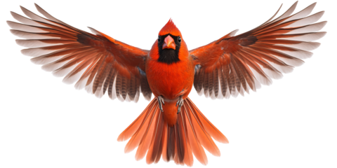 A stunning image of a Northern Cardinal with its wings fully spread,