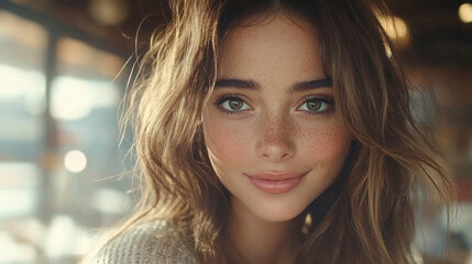 Obraz premium A young woman with natural freckles and vibrant green eyes smiles softly. The background reveals a cozy cafe atmosphere filled with warm light and a relaxed vibe during the afternoon.