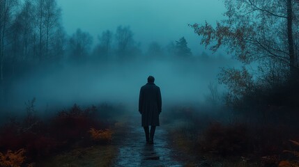 Obraz premium Solitary Figure in a Misty Forest Path