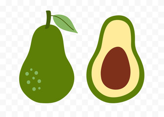 Avocado half and whole tropical fruit vector set