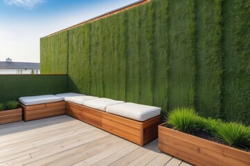 Balcony Design Wth Wooden Panels And Grass Wall
