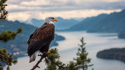 Fototapeta premium Eagle standing proudly on a branch, observing the landscape against a backdrop of mountains and lake
