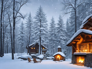 Winter A cabin with a snow covered roof and a cabin in the woods and  tree in the background.  Wallpaper Phonix . Ai Generated