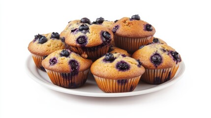 A plate of freshly baked blueberry muffins with bursting berries, Their golden-brown tops and moist interior invitingly showcased