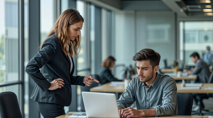 boss with an office employee asking pushing to meet deadlines