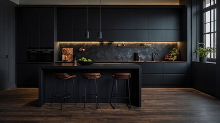 Modern Dark Kitchen: Sleek Black Design with Warm Wood Accents