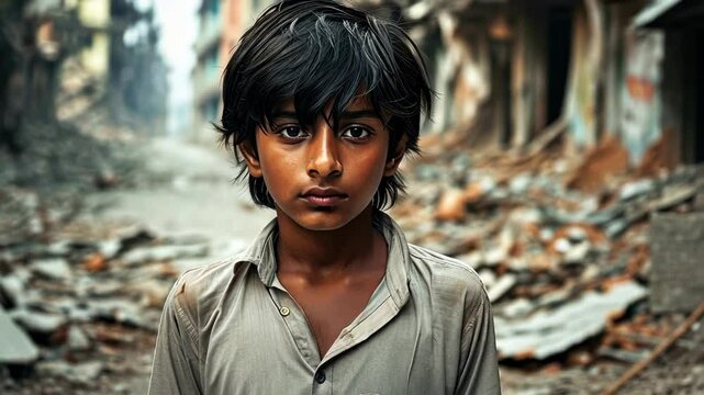 Boy stands amidst rubble, expressing emotion in dilapidated urban setting, highlighting resilience and human experience in difficult circumstances