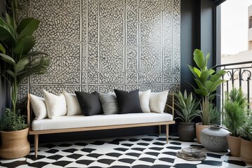 balcony Design With Moroccan Black And White Flooring And 3D Leafy Textured Wall