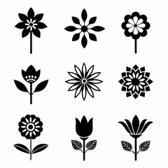 set of black and white flowers, Black and white floral icons, minimalist flower silhouettes, botanical illustrations, graphic design elements, stylized plant shapes, vector flower symbols, lotus, sunf