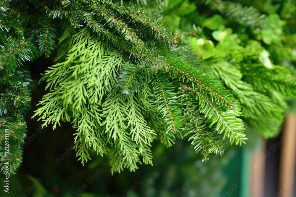 Poster a detailed view of a pine tree branch, with needles and buds visible