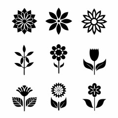 set of black and white flowers, Black and white floral icons, minimalist flower silhouettes, botanical illustrations, graphic design elements, stylized plant shapes, vector flower symbols, lotus, sunf