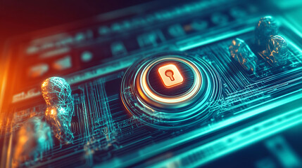 Cybersecurity concept Abstract closeup of a glowing digital lock interface. Futuristic, hightech...