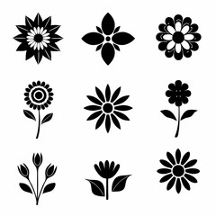 set of black and white flowers, Black and white floral icons, minimalist flower silhouettes, botanical illustrations, graphic design elements, stylized plant shapes, vector flower symbols, lotus, sunf
