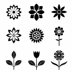 set of black and white flowers, Black and white floral icons, minimalist flower silhouettes, botanical illustrations, graphic design elements, stylized plant shapes, vector flower symbols, lotus, sunf