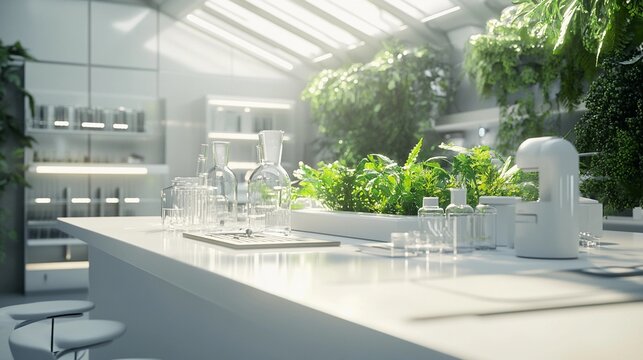 sleek white lab table with fresh green vegetation, scientific instruments, sunlight streaming in, futuristic design, organized workspace