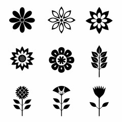 set of black and white flowers, Black and white floral icons, minimalist flower silhouettes, botanical illustrations, graphic design elements, stylized plant shapes, vector flower symbols, lotus, sunf