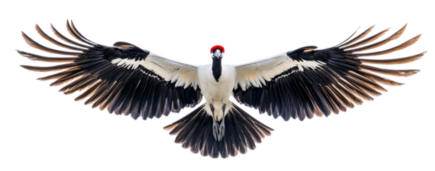 A stunning image of a red-crested crane with wings fully spread,