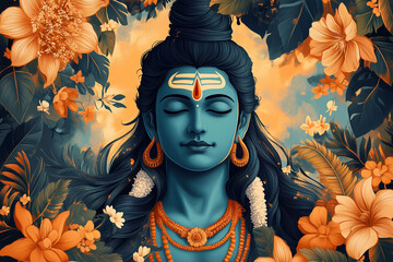 Poster art of a young lord Shiva depicted in muted bluish and orange tones, blending modern aesthetics with divine symbolism, radiating serenity and spiritual power.