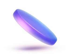 3d iridescent hologram disk, coin, podium, pedestal. Render figure with purple, pink, blue colors. Vector illustration isolated on white for design projects, product display, presentation, adv